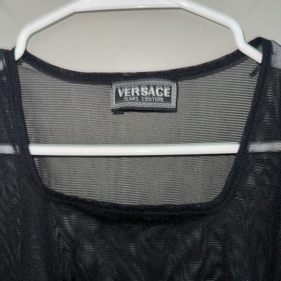 Vintage 90s Versace Jeans Couture Woman’s Black Sheer Mesh Top Floral Gradient S - Picture 7 of 8